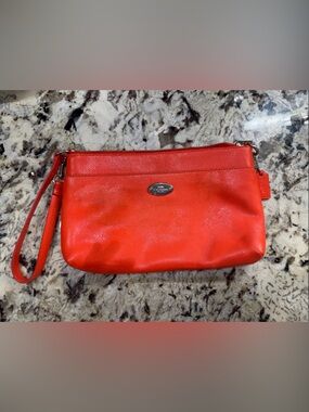 Coach Red Orange Leather Wristlet Clutch with Silver Hardware